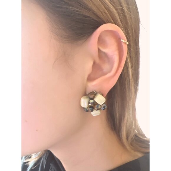 Vintage Clip-on Earrings AB MOP Haskell Era Filagree Back Smoky Quartz Look - Picture 15 of 16